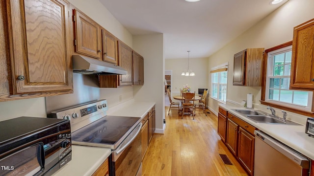 kitchen featuring stainless steel electric range, dishwasher, under cabinet range hood, a sink, and light wood-type flooring