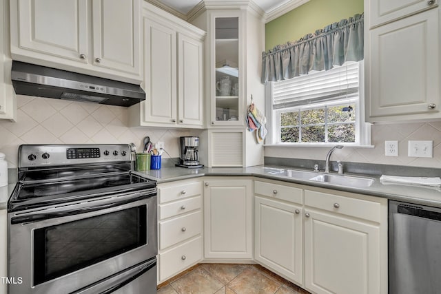 107 Stargrass Ave, Clayton, NC 27527 - kitchen featuring under cabinet range hood, appliances with stainless steel finishes, a sink, backsplash, and glass insert cabinets