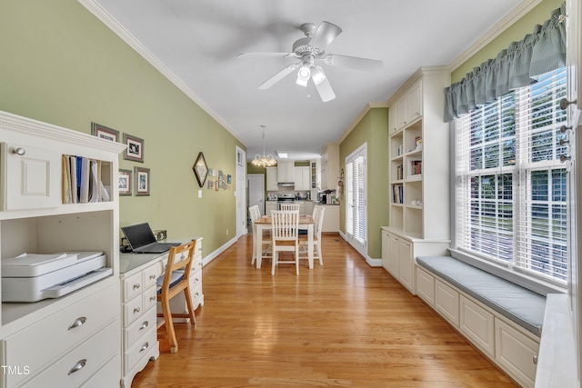 107 Stargrass Ave, Clayton, NC 27527 - home office with crown molding, healthy amount of natural light, light wood-type flooring, ceiling fan, and a chandelier