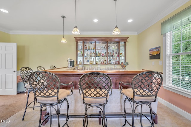 107 Stargrass Ave, Clayton, NC 27527 - indoor bar with tile patterned flooring, crown molding, baseboards, and recessed lighting