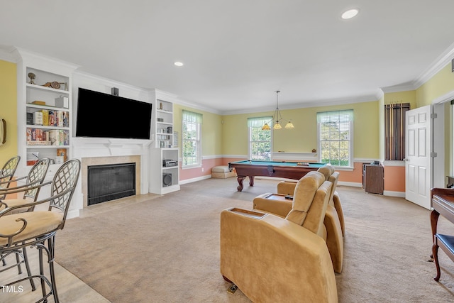 107 Stargrass Ave, Clayton, NC 27527 - living room featuring billiards table, light carpet, baseboards, ornamental molding, and recessed lighting