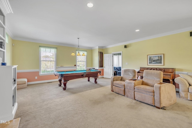 107 Stargrass Ave, Clayton, NC 27527 - game room featuring ornamental molding, light carpet, billiards, baseboards, and recessed lighting