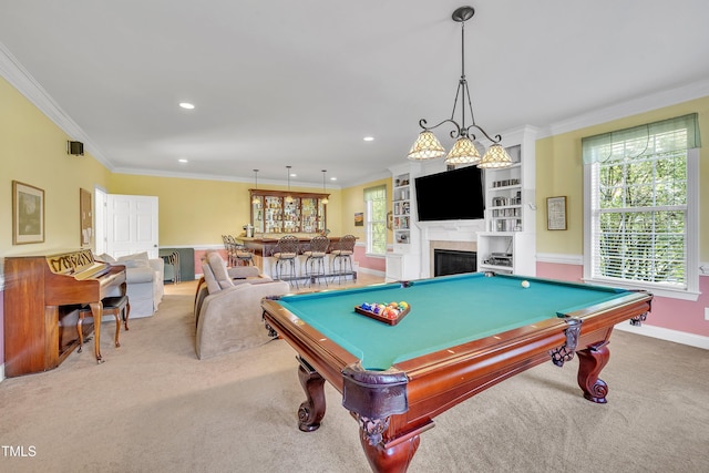 107 Stargrass Ave, Clayton, NC 27527 - rec room with carpet, pool table, crown molding, recessed lighting, and baseboards