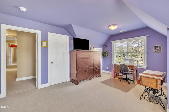 107 Stargrass Ave, Clayton, NC 27527 - office area featuring light carpet, vaulted ceiling, and baseboards