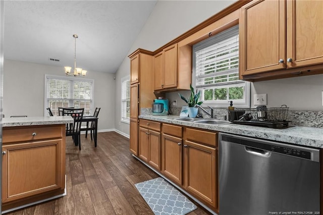 kitchen featuring stainless steel dishwasher, vaulted ceiling, a chandelier, dark wood-type flooring, and a sink