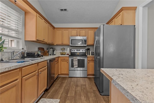 kitchen with appliances with stainless steel finishes, a sink, dark wood-type flooring, light countertops, and a textured ceiling