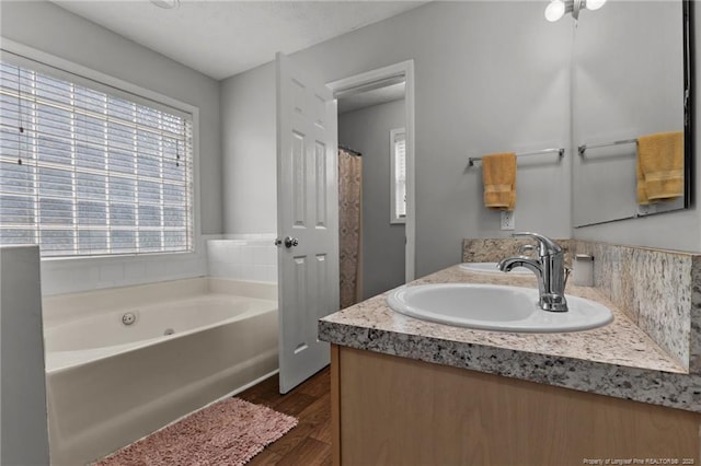 full bathroom featuring wood finished floors, a garden tub, and double vanity