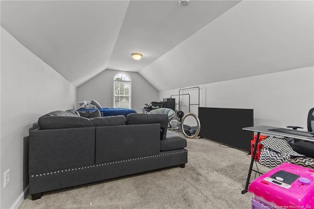 living room with carpet floors and lofted ceiling