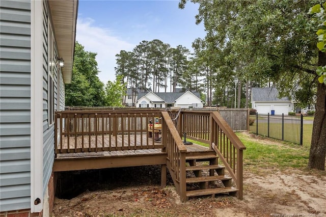 deck with a fenced backyard and a residential view
