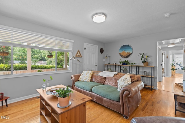 living room featuring healthy amount of natural light, light wood finished floors, attic access, baseboards, and a textured ceiling