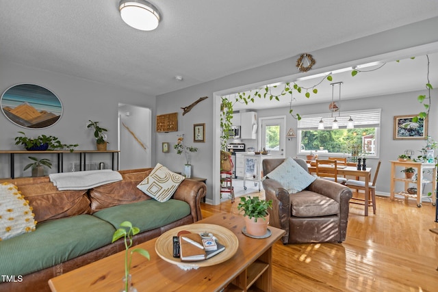 living room featuring light wood-type flooring and baseboards