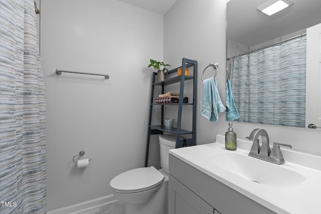 full bathroom with marble look tile flooring, toilet, vanity, baseboards, and a shower with shower curtain