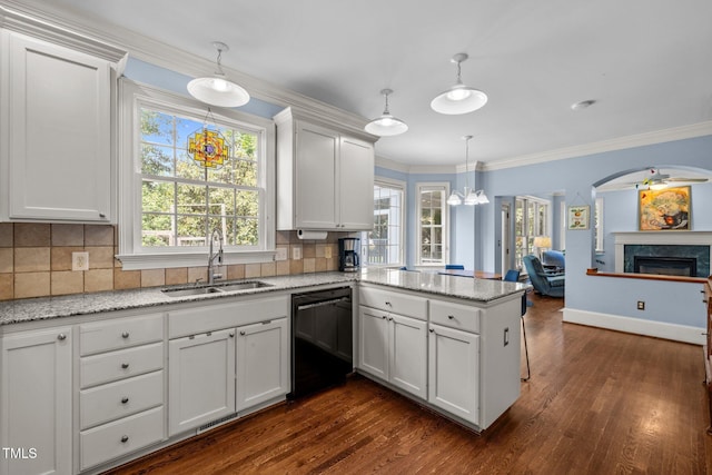 100 Michaels Way, Chapel Hill, NC 27516 - kitchen with black dishwasher, a sink, a peninsula, dark wood-style floors, and crown molding