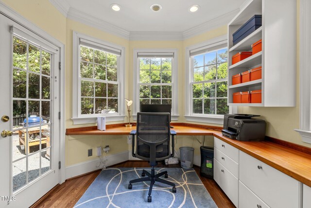 100 Michaels Way, Chapel Hill, NC 27516 - office area featuring built in desk, dark wood finished floors, crown molding, recessed lighting, and baseboards