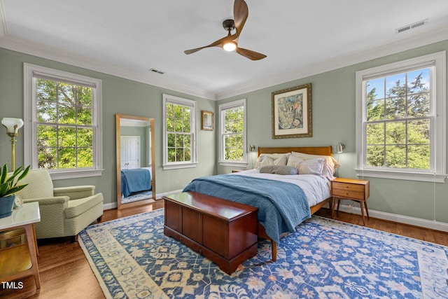 100 Michaels Way, Chapel Hill, NC 27516 - bedroom with ornamental molding, baseboards, wood finished floors, and ceiling fan