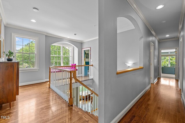 100 Michaels Way, Chapel Hill, NC 27516 - hallway featuring an upstairs landing, crown molding, wood finished floors, baseboards, and recessed lighting
