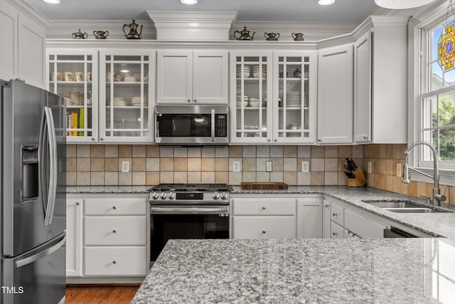100 Michaels Way, Chapel Hill, NC 27516 - kitchen with appliances with stainless steel finishes, a sink, white cabinetry, plenty of natural light, and ornamental molding