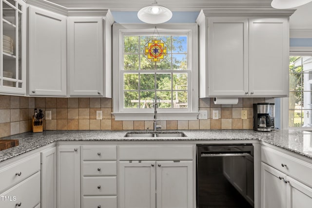 100 Michaels Way, Chapel Hill, NC 27516 - kitchen featuring dishwasher, a sink, white cabinets, glass insert cabinets, and ornamental molding