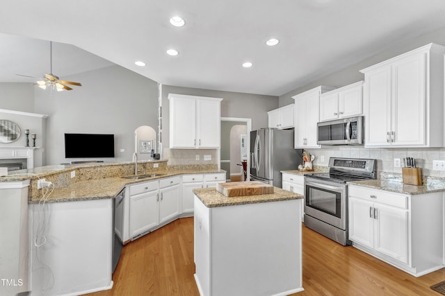 kitchen with stainless steel appliances, a sink, a peninsula, ceiling fan, and tasteful backsplash