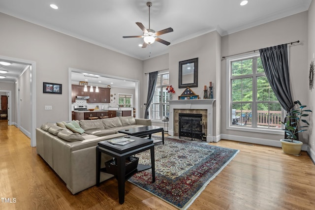 4306 Infinity Ln, Durham, NC 27705 - living room featuring light wood-style floors, ceiling fan, plenty of natural light, recessed lighting, and ornamental molding