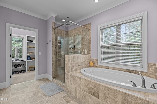 4306 Infinity Ln, Durham, NC 27705 - full bath with a bath, a shower stall, crown molding, and baseboards