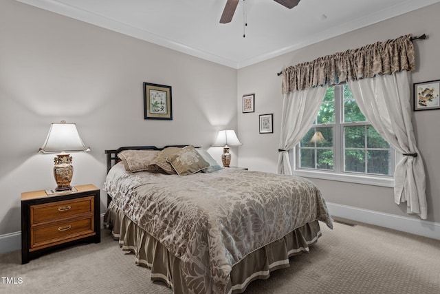 4306 Infinity Ln, Durham, NC 27705 - bedroom featuring light carpet, baseboards, crown molding, and a ceiling fan