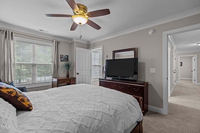 4306 Infinity Ln, Durham, NC 27705 - bedroom featuring light carpet, baseboards, crown molding, and a ceiling fan