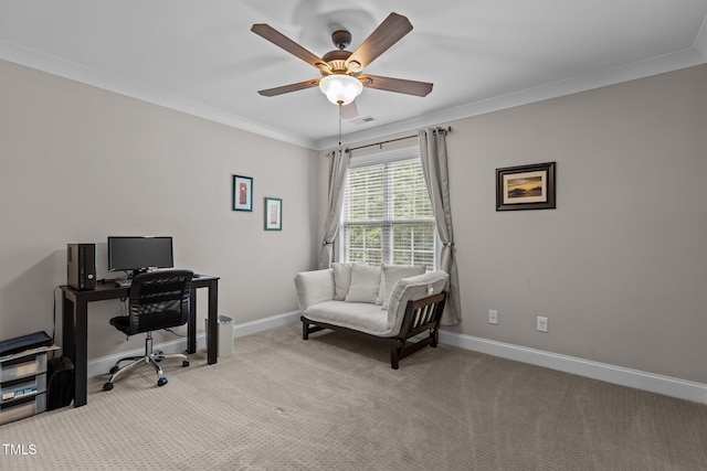 4306 Infinity Ln, Durham, NC 27705 - home office featuring a ceiling fan, carpet, baseboards, and ornamental molding