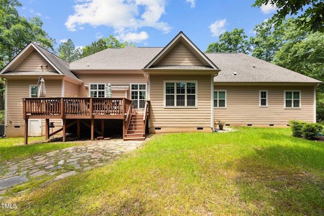 4306 Infinity Ln, Durham, NC 27705 - back of house featuring crawl space, a wooden deck, a yard, and stairway