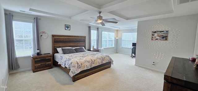bedroom with carpet flooring, coffered ceiling, multiple windows, baseboards, and beam ceiling