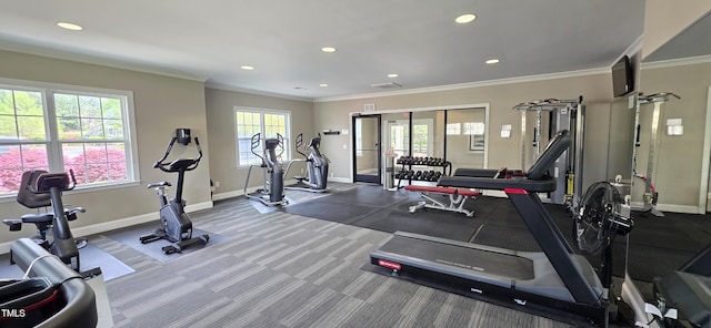 exercise room with baseboards, recessed lighting, carpet flooring, and crown molding