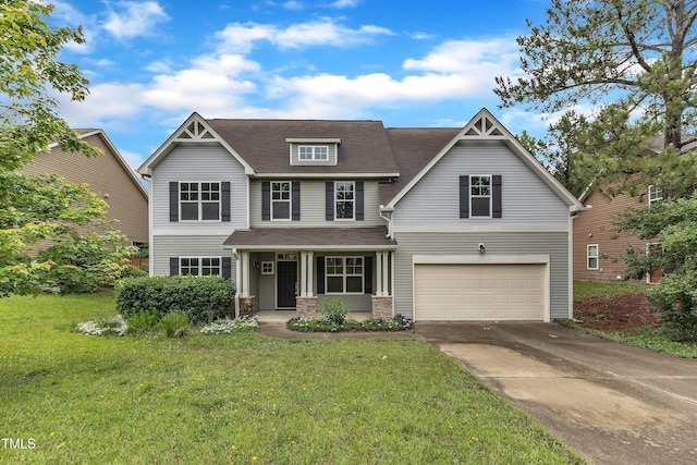 5025 Stonewood Pines Dr, Knightdale, NC 27545 - craftsman-style home with a garage, a front lawn, driveway, and roof with shingles