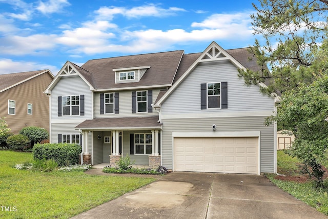 5025 Stonewood Pines Dr, Knightdale, NC 27545 - craftsman-style home with driveway, a front yard, a garage, covered porch, and a shingled roof