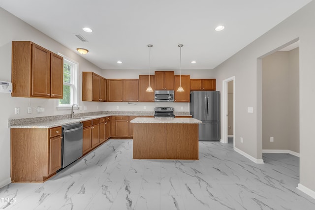5025 Stonewood Pines Dr, Knightdale, NC 27545 - kitchen with appliances with stainless steel finishes, a sink, light marble finish flooring, baseboards, and a kitchen island