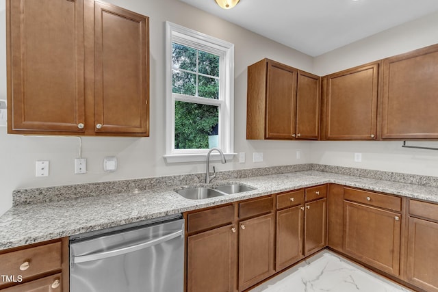 5025 Stonewood Pines Dr, Knightdale, NC 27545 - kitchen featuring stainless steel dishwasher, a sink, light marble finish flooring, brown cabinets, and light stone countertops