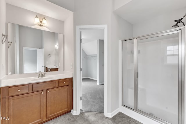 5025 Stonewood Pines Dr, Knightdale, NC 27545 - bathroom featuring a stall shower, vanity, and baseboards