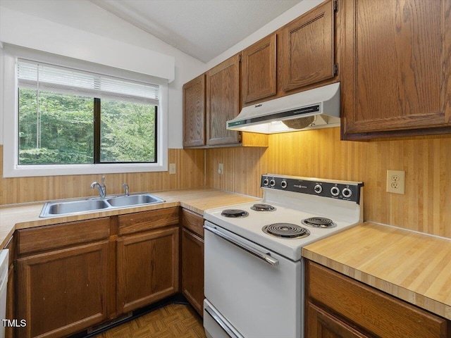 152A Cedar Ter, Chapel Hill, NC 27516 - kitchen featuring white range with electric cooktop, range hood, light countertops, lofted ceiling, and wood walls