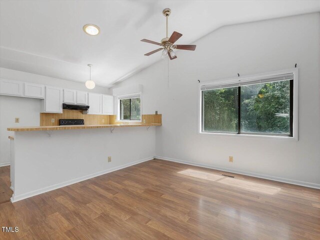 152A Cedar Ter, Chapel Hill, NC 27516 - kitchen with lofted ceiling, white cabinetry, a peninsula, ceiling fan, and a kitchen breakfast bar