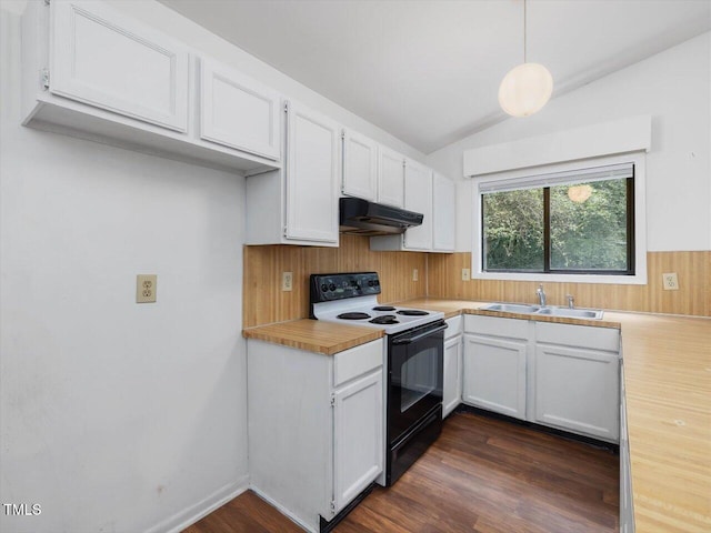 152A Cedar Ter, Chapel Hill, NC 27516 - kitchen with black range with electric stovetop, under cabinet range hood, white cabinets, dark wood-type flooring, and vaulted ceiling