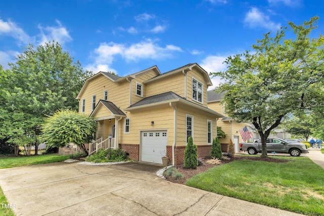 view of front of house featuring a front yard, an attached garage, driveway, and brick siding