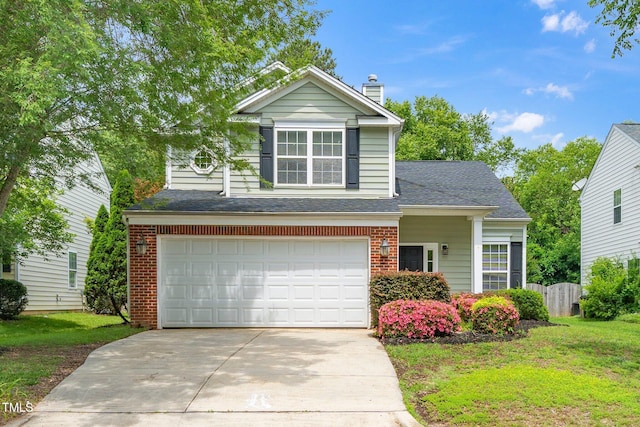 traditional home with driveway, a chimney, brick siding, an attached garage, and roof with shingles