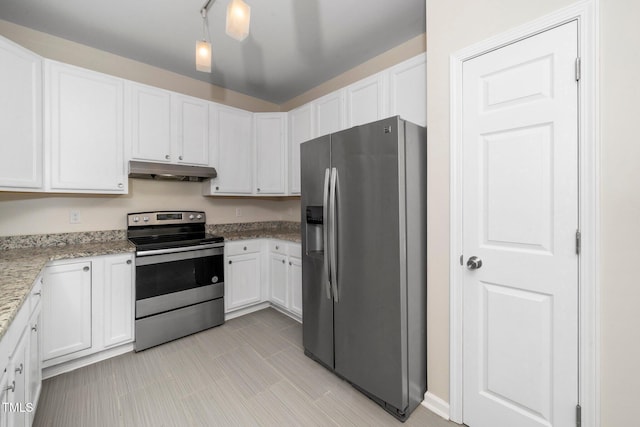 kitchen with appliances with stainless steel finishes, under cabinet range hood, white cabinetry, and light stone counters