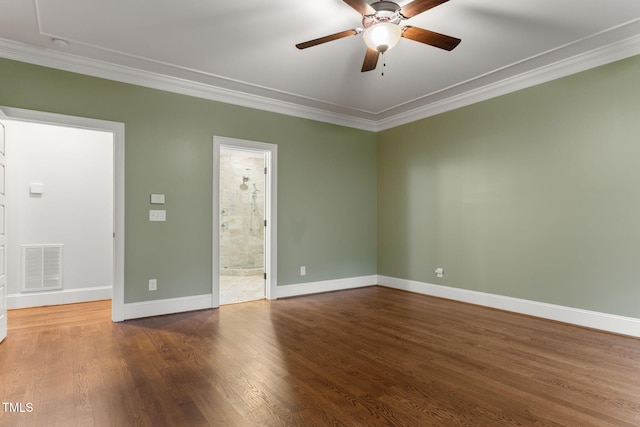 unfurnished room with crown molding, a ceiling fan, baseboards, and wood finished floors