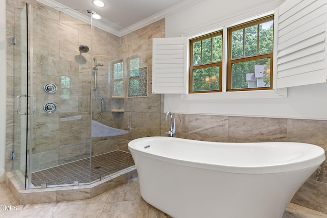 bathroom with tile walls, ornamental molding, a shower stall, plenty of natural light, and a freestanding bath