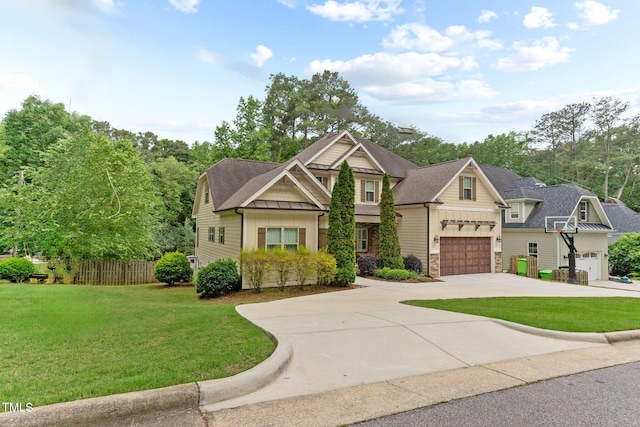 craftsman-style home featuring driveway, stone siding, a garage, board and batten siding, and roof with shingles