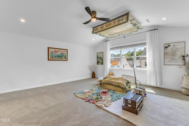 sitting room featuring lofted ceiling, carpet flooring, recessed lighting, baseboards, and ceiling fan