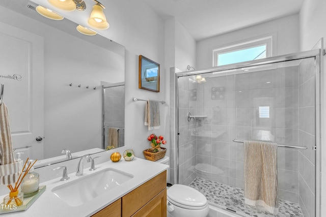 bathroom with a shower stall, toilet, and vanity