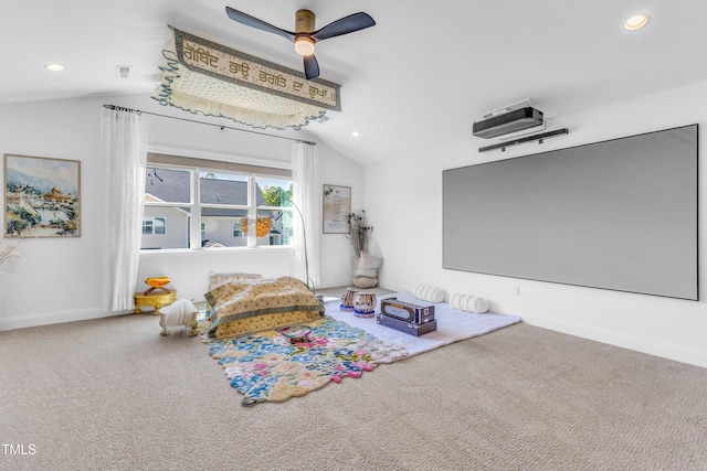 living area with vaulted ceiling, a ceiling fan, carpet flooring, recessed lighting, and baseboards