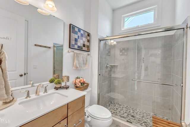 bathroom featuring a stall shower, toilet, and vanity