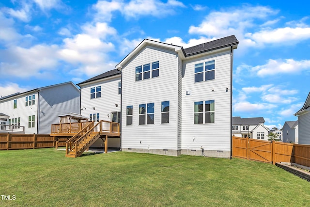 back of property featuring a wooden deck, stairs, crawl space, and a residential view